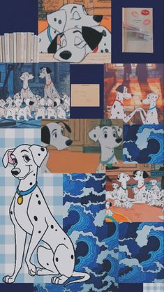 the dalmatian dog is sitting in front of many pictures and words on it