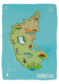 an illustrated map of the country of karnataka, with its capital and major cities