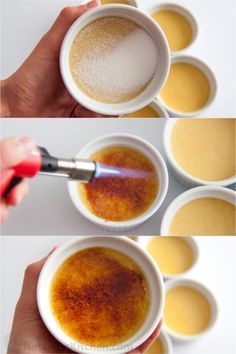 two pictures showing the process of making an orange custard dessert in small white cups