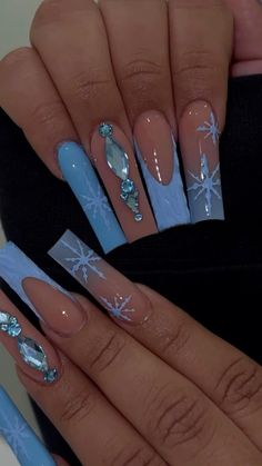 Short Square Holiday Nails, Blue Holiday Nails, Elsa Nails, 16 Nails, Blue Christmas Nails, Acrylic Toes, January Nails, Anime Nails, Winter Nails Acrylic