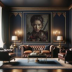 a living room filled with furniture and a painting on the wall