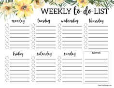 the printable weekly to do list is shown with flowers and pine branches on it