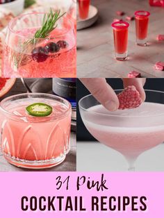 pink cocktails with garnishes and limes on the rim, including rasp