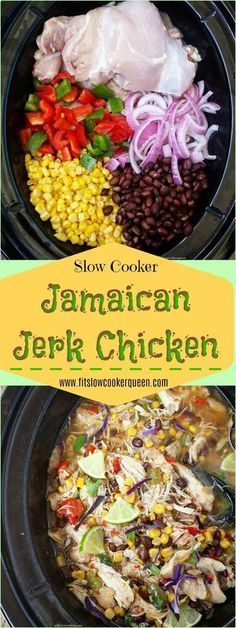 the slow cooker is full of jamaican pork, beans, corn and rice in it