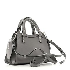 This is an authentic BALENCIAGA Grained Calfskin Neo Classic Silver Hardware Mini City in Dark Grey. This stylish petite tote is beautifully crafted of calfskin in grey. It features top handles with a woven detail and an optional shoulder strap. This bag also features the signature Balenciaga look of a front zipper pocket with decorative polished silver hardware including buckles and studs. The top zipper opens to a matching leather interior with a patch pocket. City Dark, Mini City, Stylish Petite, Neo Classic, Leather Interior, Silver Hardware, Front Zipper, Patch Pocket, Zipper Pocket