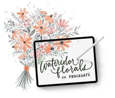 watercolor florals in procreate logo with envelope and flowers on white background