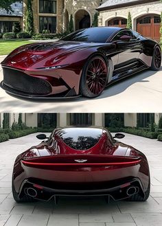 two different views of a red sports car in front of a house and behind it is an image of the same vehicle