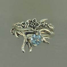 Antler 2 Flower Band Twig Band Alternative Engagement Ring - Etsy Antler Engagement Ring, Rings Aquamarine, Fantasy Accessories, Engagement Ring Leaf, Engagement Ring Stacking, Leaf Wedding Rings, Ring Stones, Oc Character, Antler Ring