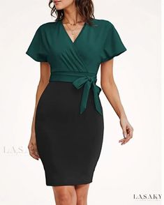 Lasaky - Chic and Elegant Batwing Sleeve Work Party Dress with Stylish Tied Color Blocking Pencil Skirt Chic Fitted Dress With Tied Details, Fitted Green Dress With Tie Waist, Green Fitted Dress With Tie Waist, Work Party Dress, Combination Fashion, Hooded Dress, Professional Attire, Work Party, Floral Print Maxi Dress