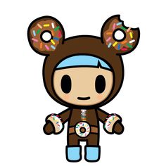 a cartoon character with donuts on his head and ears, standing in front of a white background