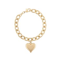 Wear your heart on your sleeve with the Heart Charm Bracelet, featuring a 7.5" chunky chain and a gold heart charm. 18k-gold-filled chain with a 1.5" extender. Gold Heart Bracelet With Heart Charm, Heart Shaped Gold Plated Charm Bracelet, Gold Plated Heart Chain Bracelet Tarnish Resistant, Gold-plated Heart Charm Bracelet, Gold Plated Heart Charm Bracelet, Gold Plated Heart-shaped Adjustable Chain Bracelet, Gold Plated Adjustable Heart Chain Bracelet, Gold Plated Heart-shaped Chain Bracelet With Adjustable Chain, Gold Plated Heart-shaped Chain Bracelet