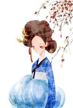 a watercolor painting of a woman in a blue dress holding a branch with leaves