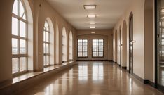 an empty hallway with large windows and lots of light