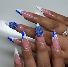 Blue Nails Spring, Summer Nails Blue, Girls Home, Nails Y2k, Nail Collection, Flower Press, Press On Nails Medium, Medium Almond, Colored Acrylic