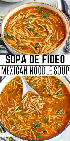 mexican noodle soup in a pot with spoons