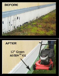 before and after shots of a lawn mower being used to cut grass on the side of a building