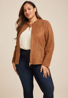 Plus Size Brown Faux Suede Biker Jacket - Materials & Care:imported - 95% polyester 5% spandex - machine wash New Jeans Top, Faux Jacket, Maurices Plus Size, Suede Biker Jacket, Suede Biker, Adaptive Clothing, Faux Suede Fabric, Plus Size Outerwear, Feel Pretty