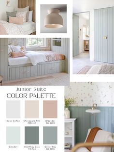 the color scheme for this bedroom is pale blue and white, with neutrals in it