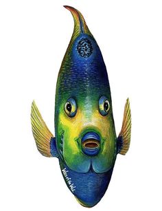 a blue and yellow fish with big eyes