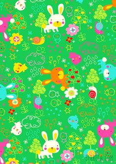 a green background with many different animals and flowers on it's sides, including two rabbits