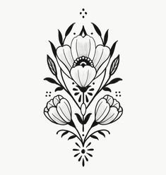 a black and white drawing of flowers on a white background