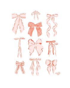 various bows and ribbons drawn in pink on white paper