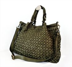 "Military Green Woven Leather Bag, Customizable, Leather Purse, Italian Leather Tote, Leather tote women, Soft Leather Handbag, Elow - comes in two versions SMALL: W 13\" x H 10\" x D 6\". Handle drop: 4\" & LARGE: W 15\" x H 11.4\" x D 7.1\" Handle drop: 5\" This bag has made by our italian partner and customizable by our team. We offer one free monogram or name personalization on one side or a monogrammed leather tag. Please check in case fonts, color thread, tag samples and leave your monogra 2024 Bags, Woven Leather Bag, Soft Leather Handbags, Leather Tote Bag Women, Free Monogram, Italian Leather Bags, Leather Saddle Bags, Leather Tag, Black Leather Purse