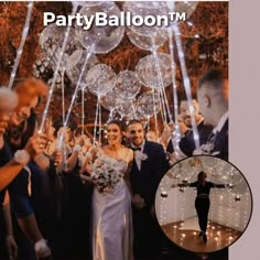 a group of people that are standing in front of some lights and balloons with the caption party balloon'm