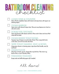 a bathroom cleaning checklist with the words