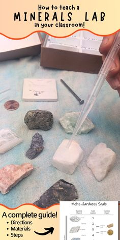 a poster with rocks and other items on it, including a test tube that shows how to teach a minerals lab in your classroom