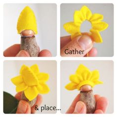 four pictures showing how to make a felt flower brooch for someone's hair