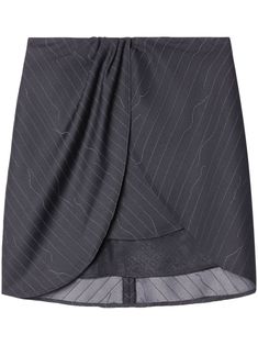 "Twist" mini skirt in anthracite wool blend with pinstripe pattern by Off-White, with concealed zip on the back and draped front panels. Pattern Draping, Versace Designer, Pinstripe Pattern, Designer Drapes, Airport Fashion, Gray Skirt, Shirt Skirt, Ash Grey, Shirt Accessories