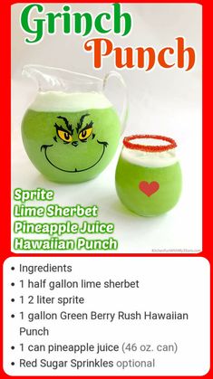 the grinch punch recipe is shown with instructions