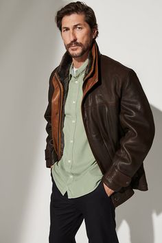 A handsome coat for town or country, our Jack Frost leather coat with shearling lining lives up to its name and keeps you cozy when temperatures plummet. Made of fine French Kildare goatskin known for its toughness and resilience but with an incredible texture, it features a Spanish Merino shearling lining that delivers unmatched warmth and comfort, hour after hour. A relaxed fit makes for easy layering, and a zip front makes for easy on/off. For added weather protection, the Jack Frost features Men's Leather Jackets, Expensive Clothes, Sheepskin Coat, The Jack, Jack Frost, Leather Moto Jacket, Leather Collar, Warm Coat, Leather Jacket Men