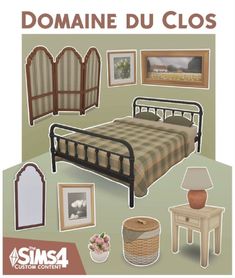 an image of a bedroom with furniture and pictures on the wall above it that says,'domaine du clos '