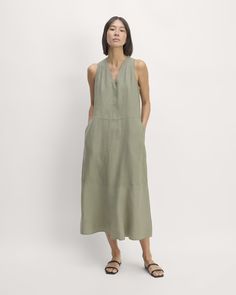 The Linen V-Neck Maxi Dress Sleeveless Linen Dress, V Neck Midi Dress, Back Neck, Sleeveless Maxi Dress, Linen Women, Drop Waist, Linen Dress, Sage Green, Neck Tie