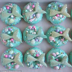 cupcakes decorated with blue frosting and candies in the shape of fish