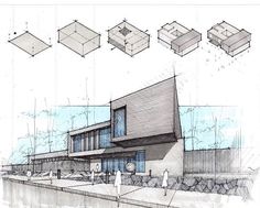 an architectural drawing of a building with different angles