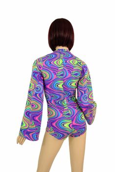 "This item is made to order, please read all the way through the listing before purchasing! This bodysuit is made of a beautiful UV glow worm print lycra spandex Long Bell cut sleeves and boy cut legs. This fabric has an amazing bright neon glow under UV blacklight. Deep, plunging v neckline. Four way stretch for a figure forming fit. This bodysuit is unlined. Womens Sizing (See below for instructions on where measurements should be taken) XXS: Bust 29\"-30\" / Waist 22\"-23\" / Hips 30\"-32\" E Fitted Long Sleeve Leotard For Spring, Long Sleeve Fitted Leotard For Spring, Spring Long Sleeve Fitted Leotard, Multicolor Long Sleeve Swimwear For Party, Multicolor Long Sleeve Party Swimwear, Multicolor Bodysuit For Summer Music Festival, Fitted Swimwear For Spring Music Festival, Fitted Multicolor Bodysuit For Spring, Multicolor Long Sleeve Bodysuit For Summer