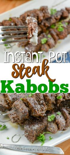 steak kabobs on a plate with fork and knife