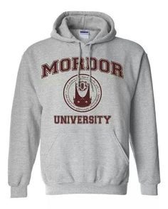 a grey hoodie with the words mofador university in red and white on it