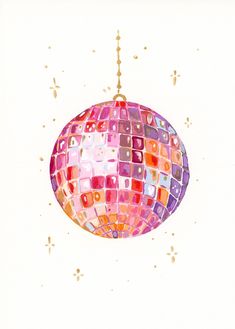 a watercolor painting of a pink ornament hanging from a chain