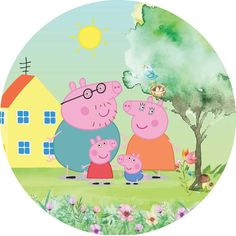 two peppos and a pig are standing in front of a tree with the sun behind them