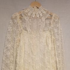 Gorgeous Dress In Exceptional Vintage Condition. High Button Neck Handkerchief Hem 2 Pieces -- An Ecru Satin Chemise Slip To Wear Underneath The Intricate Lace Dress. Cream Long Sleeve Dress With Lace Top, Satin Chemise, High Neck Midi Dress, Jessica Mcclintock, Handkerchief Hem, Gorgeous Dresses, Vintage Dresses, Lace Dress, High Neck