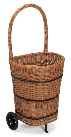 a wicker basket with wheels on a white background