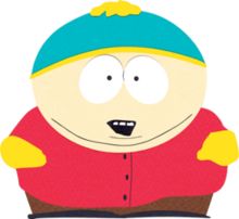 the south park character is wearing a red shirt and blue hat