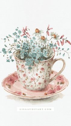 a watercolor painting of a teacup with flowers in it on a saucer