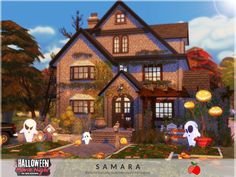 an animated halloween house with pumpkins and ghostes around the front yard, including jack - o - lanterns