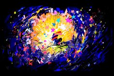 an abstract painting with colorful paint splatters and stars in the center, on a black background