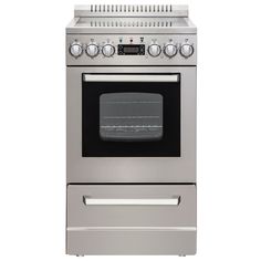 a stainless steel oven with two burners on the front and one in the back